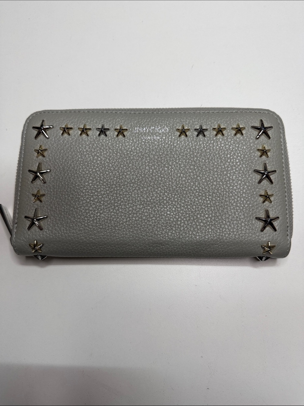 Jimmy Choo Gray Pebbled Leather Star-Stud Zip Wallet